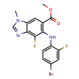 Chemical structure of methyl 5-((4-bromo-2-fluorophenyl)amino)-4-fluoro-1-methyl-1H-benzo[d]imidazole-6-carboxylate , CAS 1415559-93-1, AChemBlock W168938