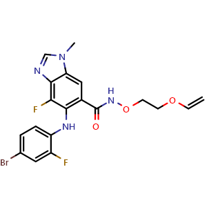Chemical structure of 5-((4-Bromo-2-fluorophenyl)amino)-4-fluoro-1-methyl-N-(2-(vinyloxy)ethoxy)-1H-benzo[d]imidazole-6-carboxamide , CAS 1415559-75-9, AChemBlock W168940