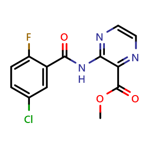 Chemical structure of Methyl 3-(5-chloro-2-fluorobenzamido)pyrazine-2-carboxylate , CAS 1415559-90-8, AChemBlock W168976
