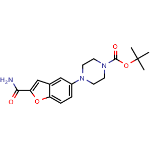 Chemical structure of tert-Butyl 4-(2-carbamoylbenzofuran-5-yl)piperazine-1-carboxylate , CAS 183288-44-0, AChemBlock W168980