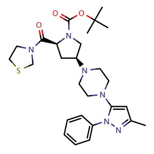 Chemical structure of (2S,4S)-4-[4-(3-Methyl-1-phenyl-1H-pyrazol-5-yl)-1-piperazinyl]-2-(3-thiazolidinylcarbonyl)-1-pyrrolidinecarboxylic acid tert-butyl ester , CAS 401566-80-1, AChemBlock W168984