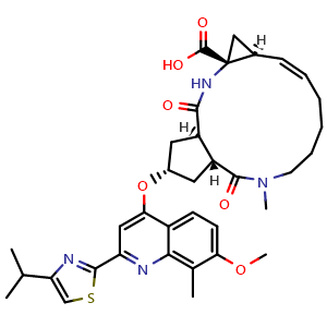Chemical structure of (2R,3aR,10Z,11aS,12aR,14aR)-2,3,3a,4,5,6,7,8,9,11a,12,13,14,14a-Tetradecahydro-2-[[7-methoxy-8-methyl-2-[4-(1-methylethyl)-2-thiazolyl]-4-quinolinyl]oxy]-5-methyl-4,14-dioxocyclopenta[c]cyclopropa[g][1,6]diazacyclotetradecine-12a(1H)-carboxylic acid , CAS 923604-58-4, AChemBlock W168999
