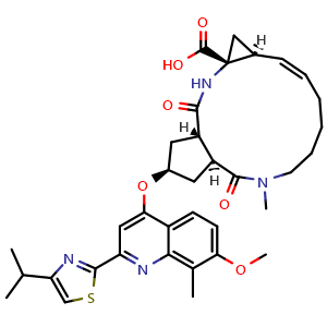 Chemical structure of (2S,3aS,11aS,12aR,14aS,Z)-2-((2-(4-isopropylthiazol-2-yl)-7-methoxy-8-methylquinolin-4-yl)oxy)-5-methyl-4,14-dioxo-1,2,3,3a,4,5,6,7,8,9,11a,12,12a,13,14,14a-hexadecahydrocyclopenta[c]cyclopropa[g][1,6]diazacyclotetradecine-12a-carboxylic acid , CAS 2803420-46-2, AChemBlock W169000