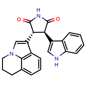 Chemical structure of rel-(3R,4R)-3-(5,6-Dihydro-4H-pyrrolo[3,2,1-ij]quinolin-1-yl)-4-(1H-indol-3-yl)-2,5-pyrrolidinedione , CAS 905853-99-8, AChemBlock W169011