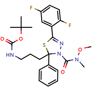 Chemical structure of tert-Butyl (3-(5-(2,5-difluorophenyl)-3-(methoxy(methyl)carbamoyl)-2-phenyl-2,3-dihydro-1,3,4-thiadiazol-2-yl)propyl)carbamate , CAS 1079843-60-9, AChemBlock W169012