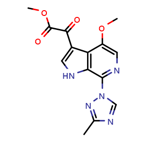 Chemical structure of Methyl 2-(4-methoxy-7-(3-methyl-1H-1,2,4-triazol-1-yl)-1H-pyrrolo[2,3-c]pyridin-3-yl)-2-oxoacetate , CAS 701214-00-8, AChemBlock W169023