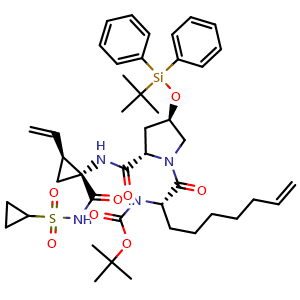 Chemical structure of tert-butyl ((S)-1-((2S,4R)-4-((tert-butyldiphenylsilyl)oxy)-2-(((1R,2S)-1-((cyclopropylsulfonyl)carbamoyl)-2-vinylcyclopropyl)carbamoyl)pyrrolidin-1-yl)-1-oxonon-8-en-2-yl)carbamate , CAS 2459945-92-5, AChemBlock W169026
