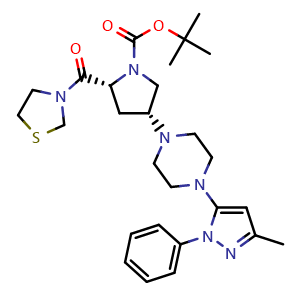 Chemical structure of (2R,4R)-tert-butyl 4-(4-(3-methyl-1-phenyl-1H-pyrazol-5-yl)piperazin-1-yl)-2-(thiazolidine-3-carbonyl)pyrrolidine-1-carboxylate , CAS 2459946-10-0, AChemBlock W169029