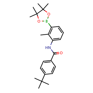 Chemical structure of N-[2-Methyl-3-(4,4,5,5-tetramethyl[1,3,2]dioxaborolan-2-yl)phenyl]-4-(tert-butyl)benzamide , CAS 910235-65-3, AChemBlock W169042