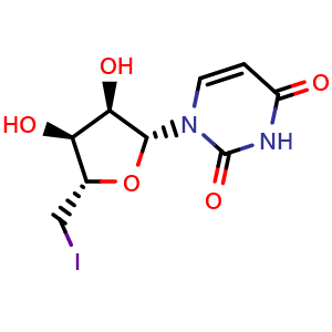 Chemical structure of 1-((2R,3R,4S,5S)-3,4-Dihydroxy-5-(iodomethyl)tetrahydrofuran-2-yl)pyrimidine-2,4(1H,3H)-dione , CAS 14259-58-6, AChemBlock W169043