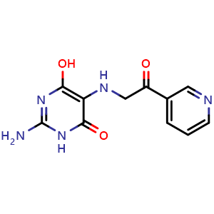 Chemical structure of 2-Amino-6-hydroxy-5-((2-oxo-2-(pyridin-3-yl)ethyl)amino)pyrimidin-4(3H)-one , CAS 1431698-09-7, AChemBlock W169055