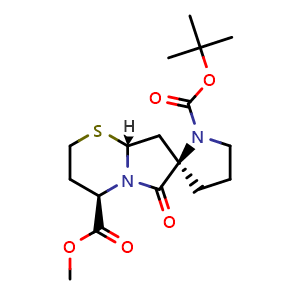 Chemical structure of (2R,4'R,8a'R)-1-tert-butyl 4'-methyl 6'-oxohexahydrospiro[pyrrolidine-2,7'-pyrrolo[2,1-b][1,3]thiazine]-1,4'-dicarboxylate , CAS 221040-37-5, AChemBlock W169069