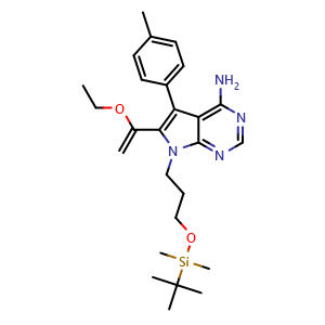 Chemical structure of 7-(3-((tert-Butyldimethylsilyl)oxy)propyl)-6-(1-ethoxyvinyl)-5-(p-tolyl)-7H-pyrrolo[2,3-d]pyrimidin-4-amine , CAS 821794-86-9, AChemBlock W169073