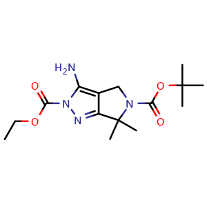 Chemical structure of 5-tert-Butyl 2-ethyl 3-amino-6,6-dimethylpyrrolo[3,4-c]pyrazole-2,5(4H,6H)-dicarboxylate , CAS 718632-46-3, AChemBlock W169083