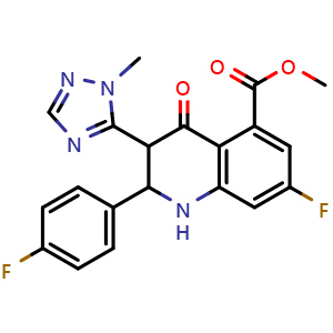 Chemical structure of Methyl 7-fluoro-2-(4-fluorophenyl)-3-(1-methyl-1H-1,2,4-triazol-5-yl)-4-oxo-1,2,3,4-tetrahydroquinoline-5-carboxylate , CAS 1322616-36-3, AChemBlock W169092