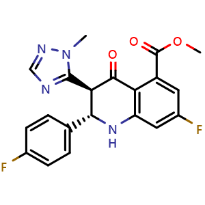 Chemical structure of (2S,3S)-methyl 7-fluoro-2-(4-fluorophenyl)-3-(1-methyl-1H-1,2,4-triazol-5-yl)-4-oxo-1,2,3,4-tetrahydroquinoline-5-carboxylate , CAS 1373329-52-2, AChemBlock W169093