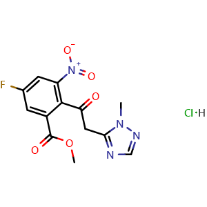 Chemical structure of Methyl 5-fluoro-2-(2-(1-methyl-1H-1,2,4-triazol-5-yl)acetyl)-3-nitrobenzoate hydrochloride , CAS 1322616-35-2, AChemBlock W169095