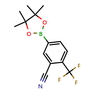 Chemical structure of 5-(4,4,5,5-Tetramethyl-1,3,2-dioxaborolan-2-yl)-2-(trifluoromethyl)benzonitrile , CAS 1220219-14-6, AChemBlock W169118