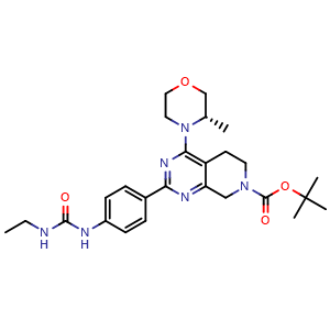 Chemical structure of (S)-tert-butyl 2-(4-(3-ethylureido)phenyl)-4-(3-methylmorpholino)-5,6-dihydropyrido[3,4-d]pyrimidine-7(8H)-carboxylate , CAS 1207365-47-6, AChemBlock W169124