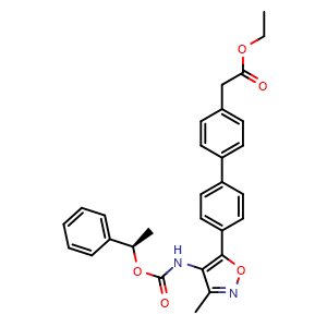 Chemical structure of [4'-[3-Methyl-4-[[[((R)-1-phenylethyl)oxy]carbonyl]amino]isoxazol-5-yl]biphenyl-4-yl]acetic acid ethyl ester , CAS 1228690-38-7, AChemBlock W169125