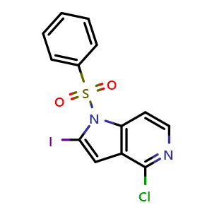 Chemical structure of 1-(benzenesulfonyl)-4-chloro-2-iodo-pyrrolo[3,2-c]pyridine , CAS 1227270-34-9, AChemBlock W169132