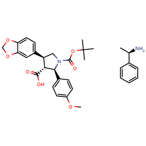 Chemical structure of (R)-1-phenylethanamine (2R,3R,4S)-4-(benzo[d][1,3]dioxol-5-yl)-1-(tert-butoxycarbonyl)-2-(4-methoxyphenyl)pyrrolidine-3-carboxylate , CAS 2673270-02-3, AChemBlock W169158