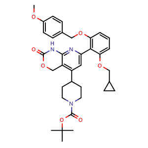 Chemical structure of tert-butyl 4-(7-(2-(cyclopropylmethoxy)-6-((4-methoxybenzyl)oxy)phenyl)-2-oxo-2,4-dihydro-1H-pyrido[2,3-d][1,3]oxazin-5-yl)piperidine-1-carboxylate , CAS 2444010-25-5, AChemBlock W169164