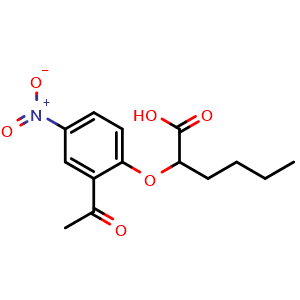 Chemical structure of 2-(2-Acetyl-4-nitrophenoxy)hexanoic acid , CAS 2438732-16-0, AChemBlock W169167