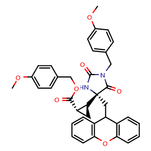 Chemical structure of 4-Methoxybenzyl (1S,2S)-2-((R)-4-((9H-xanthen-9-yl)methyl)-1-(4-methoxybenzyl)-2,5-dioxoimidazolidin-4-yl)cyclopropane-1-carboxylate , CAS 203209-15-8, AChemBlock W169168