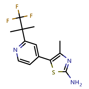 Chemical structure of 4-Methyl-5-(2-(1,1,1-trifluoro-2-methylpropan-2-yl)pyridin-4-yl)thiazol-2-amine , CAS 1357476-69-7, AChemBlock W169188