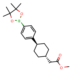 Chemical structure of Methyl 2-(trans-4-(4-(4,4,5,5-tetramethyl-1,3,2-dioxaborolan-2-yl)phenyl)cyclohexyl)acetate , CAS 701232-69-1, AChemBlock W169242