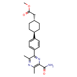Chemical structure of trans-4-[4-[6-(Aminocarbonyl)-3,5-dimethyl-2-pyrazinyl]phenyl]cyclohexaneacetic acid methyl ester , CAS 1166831-68-0, AChemBlock W169246