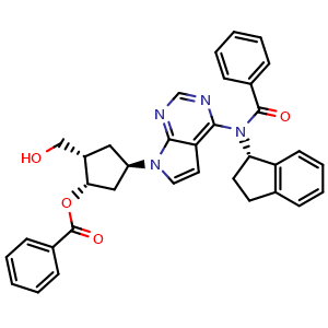 Chemical structure of (1S,2S,4R)-4-(4-(N-((S)-2,3-dihydro-1H-inden-1-yl)benzamido)-7H-pyrrolo[2,3-d]pyrimidin-7-yl)-2-(hydroxymethyl)cyclopentyl benzoate , CAS 2459946-00-8, AChemBlock W169250