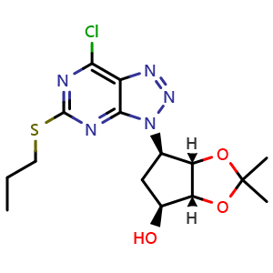 Chemical structure of (3aR,4S,6R,6aS)-6-(7-chloro-5-(propylthio)-3H-[1,2,3]triazolo[4,5-d]pyrimidin-3-yl)-2,2-dimethyltetrahydro-3aH-cyclopenta[d][1,3]dioxol-4-ol , CAS 220241-61-2, AChemBlock W169262