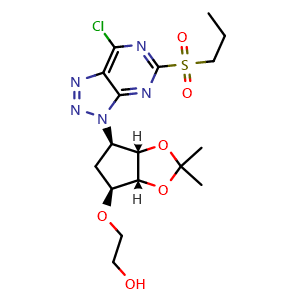 Chemical structure of 2-(((3aR,4S,6R,6aS)-6-(7-chloro-5-(propylsulfonyl)-3H-[1,2,3]triazolo[4,5-d]pyrimidin-3-yl)-2,2-dimethyltetrahydro-4H-cyclopenta[d][1,3]dioxol-4-yl)oxy)ethan-1-ol , CAS 1863036-47-8, AChemBlock W169266