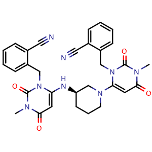 Chemical structure of (R)-2-((6-(3-((3-(2-cyanobenzyl)-1-methyl-2,6-dioxo-1,2,3,6-tetrahydropyrimidin-4-yl)amino)piperidin-1-yl)-3-methyl-2,4-dioxo-3,4-dihydropyrimidin-1(2H)-yl)methyl)benzonitrile , CAS 1268836-55-0, AChemBlock W169269