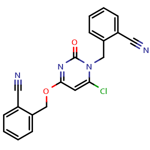 Chemical structure of 2-(((6-Chloro-1-(2-cyanobenzyl)-2-oxo-1,2-dihydropyrimidin-4-yl)oxy)methyl)benzonitrile , CAS 2448286-13-1, AChemBlock W169271