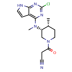 Chemical structure of 3-((3R,4R)-3-((2-chloro-7H-pyrrolo[2,3-d]pyrimidin-4-yl)(methyl)amino)-4-methylpiperidin-1-yl)-3-oxopropanenitrile , CAS 1616761-00-2, AChemBlock W169278