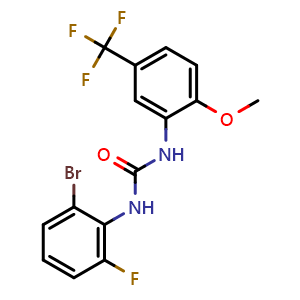 Chemical structure of 1-(2-Bromo-6-fluorophenyl)-3-(2-methoxy-5-(trifluoromethyl)phenyl)urea , CAS 917389-23-2, AChemBlock W169325