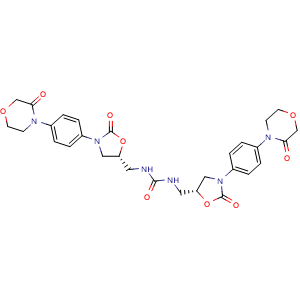 Chemical structure of 1,3-bis(((R)-2-oxo-3-(4-(3-oxomorpholino)phenyl)oxazolidin-5-yl)methyl)urea , CAS 2459945-88-9, AChemBlock W169332