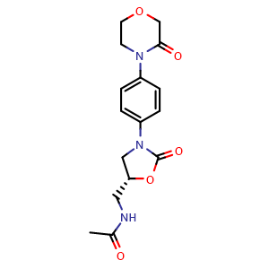 Chemical structure of (R)-N-((2-oxo-3-(4-(3-oxomorpholino)phenyl)oxazolidin-5-yl)methyl)acetamide , CAS 1666111-39-2, AChemBlock W169334
