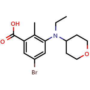 Chemical structure of 5-Bromo-3-(ethyl(tetrahydro-2H-pyran-4-yl)amino)-2-methylbenzoic acid , CAS 1403257-81-7, AChemBlock W169335