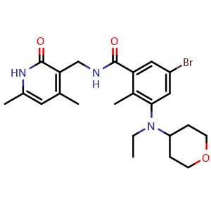 Chemical structure of 5-Bromo-N-((4,6-dimethyl-2-oxo-1,2-dihydropyridin-3-yl)methyl)-3-(ethyl(tetrahydro-2H-pyran-4-yl)amino)-2-methylbenzamide , CAS 1403257-80-6, AChemBlock W169336