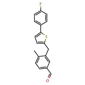 Chemical structure of 3-((5-(4-fluorophenyl)thiophen-2-yl)methyl)-4-methylbenzaldehyde , CAS 2443502-91-6, AChemBlock W169346