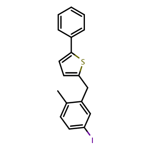 Chemical structure of 2-(5-iodo-2-methylbenzyl)-5-phenylthiophene , CAS 2444540-01-4, AChemBlock W169353