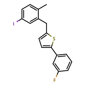 Chemical structure of 2-(3-fluorophenyl)-5-(5-iodo-2-methylbenzyl)thiophene , CAS 2436275-39-5, AChemBlock W169355