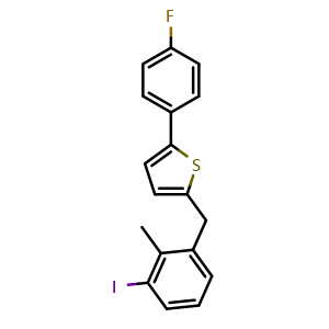 Chemical structure of 2-(4-fluorophenyl)-5-(3-iodo-2-methylbenzyl)thiophene , CAS 2444540-10-5, AChemBlock W169356