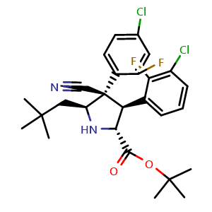 Chemical structure of rel-(2R,3S,4R,5S)-3-(3-Chloro-2-fluorophenyl)-4-(4-chloro-2-fluorophenyl)-4-cyano-5-(2,2-dimethylpropyl)pyrrolidine-2-carboxylic acid tert-butyl ester , CAS 1219086-88-0, AChemBlock W169380