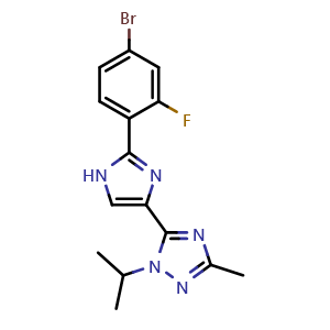 Chemical structure of 5-(2-(4-Bromo-2-fluorophenyl)-1H-imidazol-4-yl)-1-isopropyl-3-methyl-1H-1,2,4-triazole , CAS 1282516-76-0, AChemBlock W169385