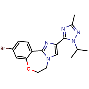Chemical structure of 9-Bromo-2-(1-isopropyl-3-methyl-1H-1,2,4-triazol-5-yl)-5,6-dihydrobenzo[f]imidazo[1,2-d][1,4]oxazepine , CAS 1282514-63-9, AChemBlock W169387